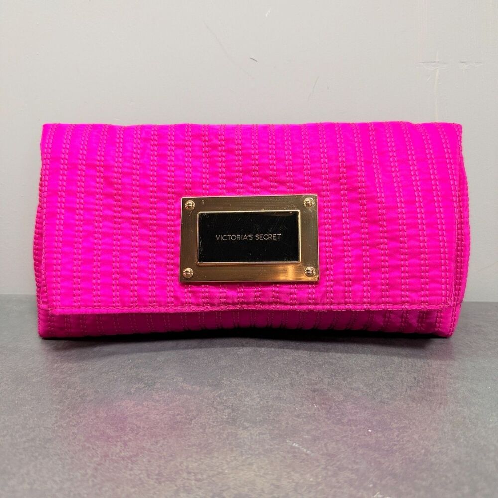 Victoria’s Secret Envelope Clutch Hot Pink Satin Gold Logo NWT